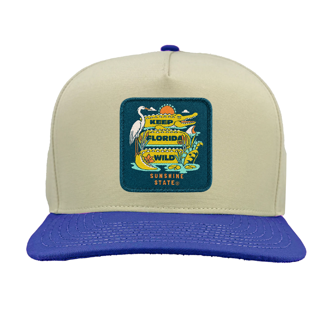 Keep Florida Wild Hat: Classic Snapback: Vintage White/Royal Blue