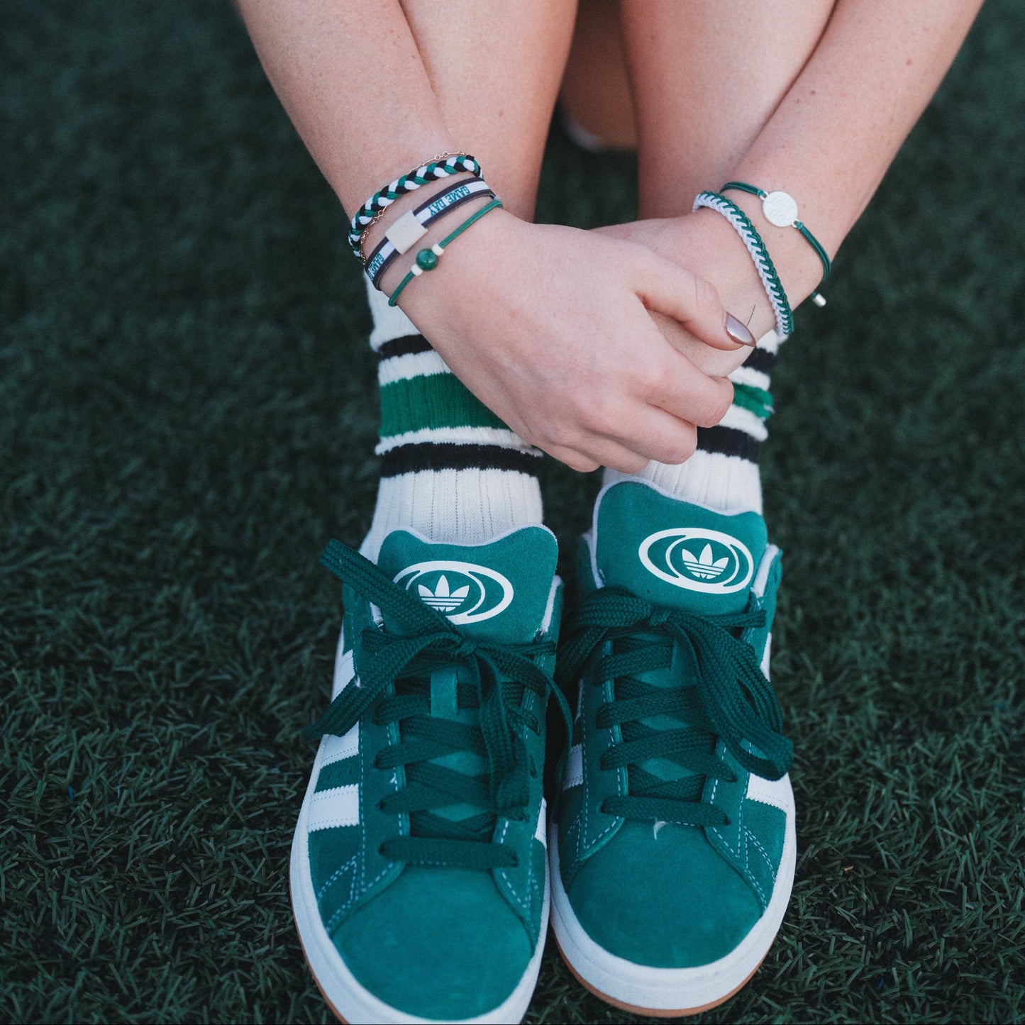 "Game Day" Green, White & Black Hair Tie Bracelets: Medium
