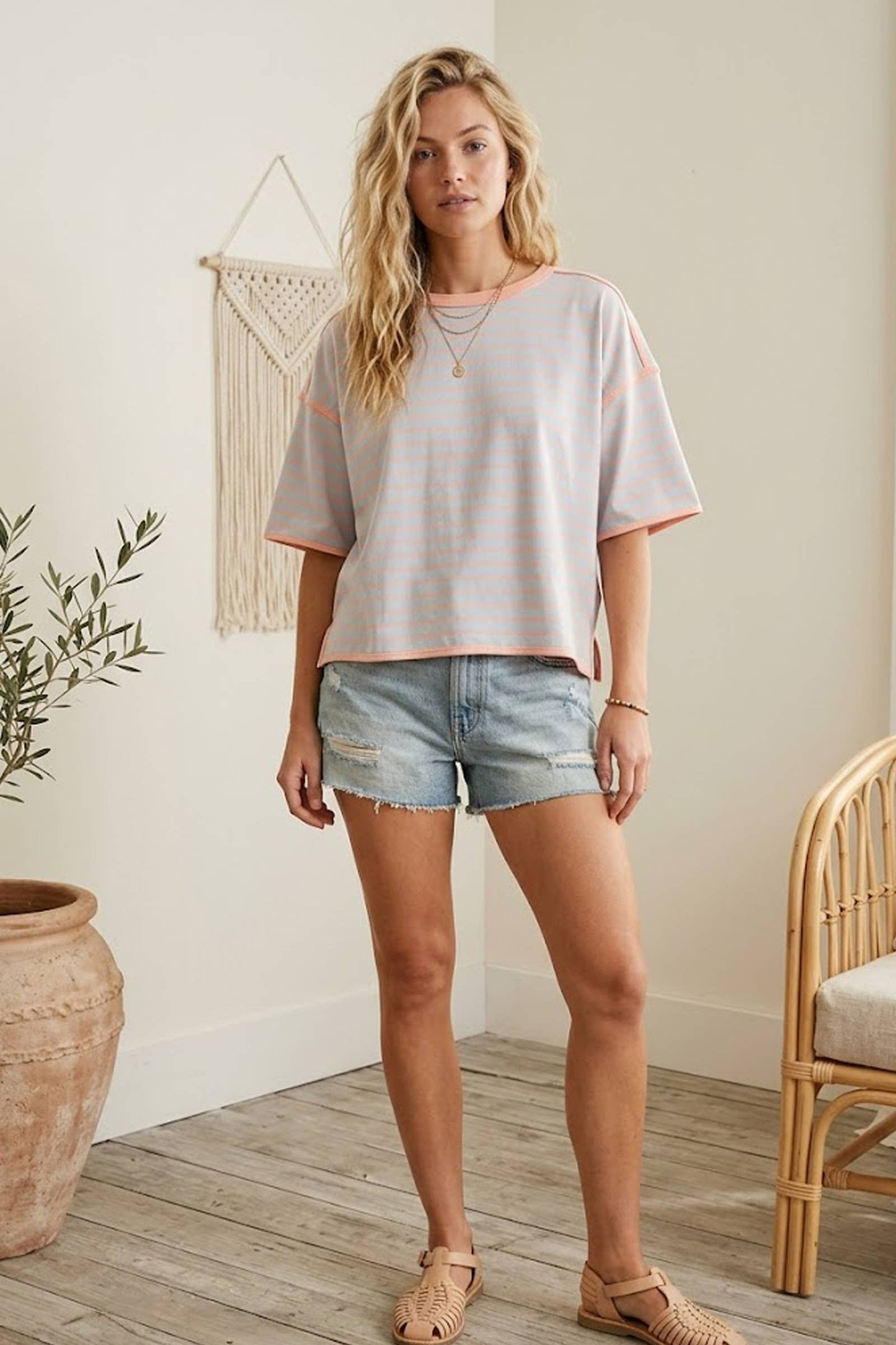 Striped Relaxed Fit Knit Tee: DUSTY BLUE/APRICOT