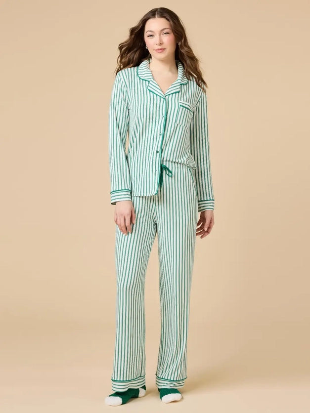Green Stripe Notch Collar PJ Set