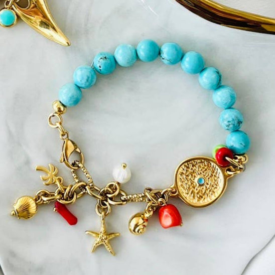 Gold charm summer bracelets with wood and turquoise beads: Turquoise beads