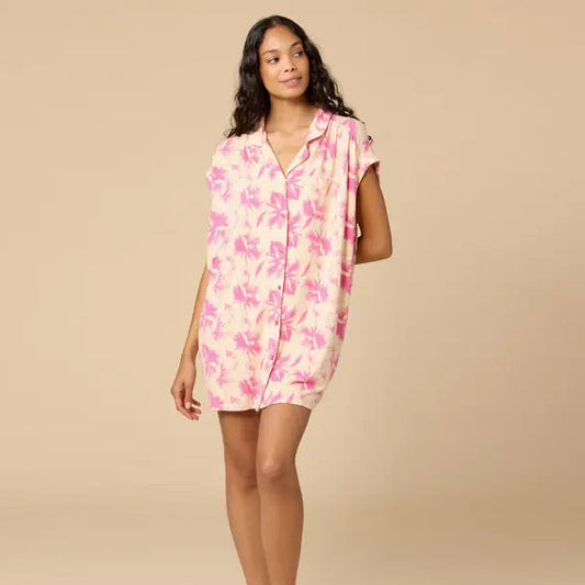 Caftan Mini Sleepshirt- Fuchsia Floral