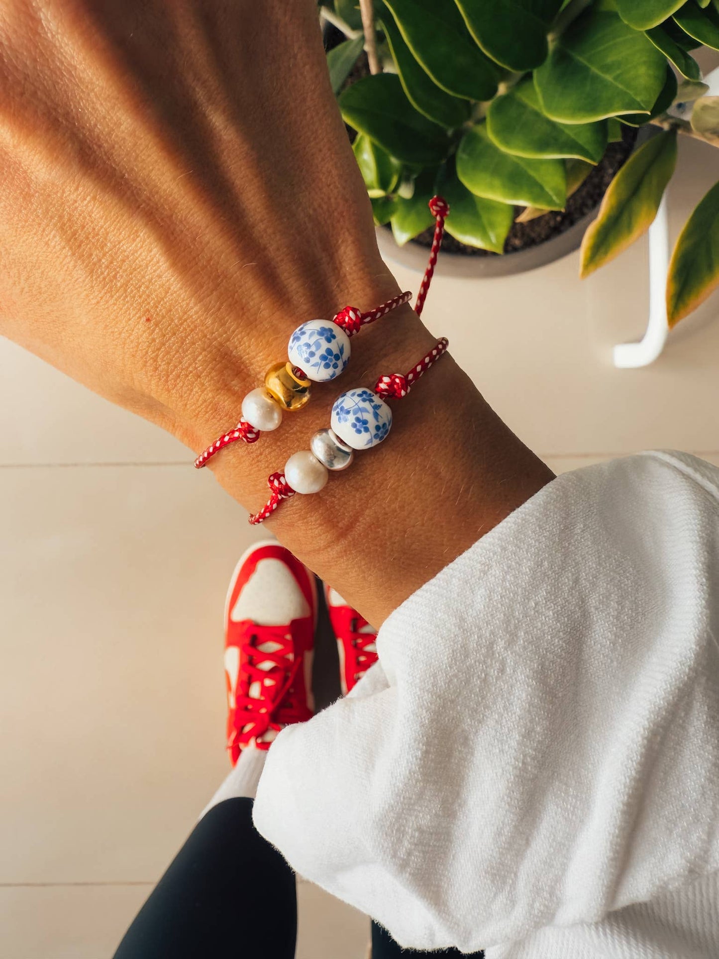 Red Cord Porcelain Bead and Pearl Bracelet