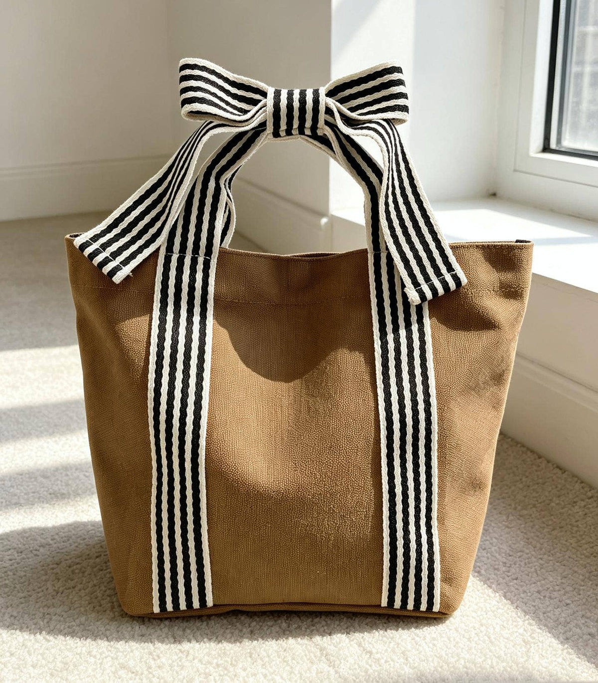 Canvas Striped Ribbon Tote Bag Bow Handbag