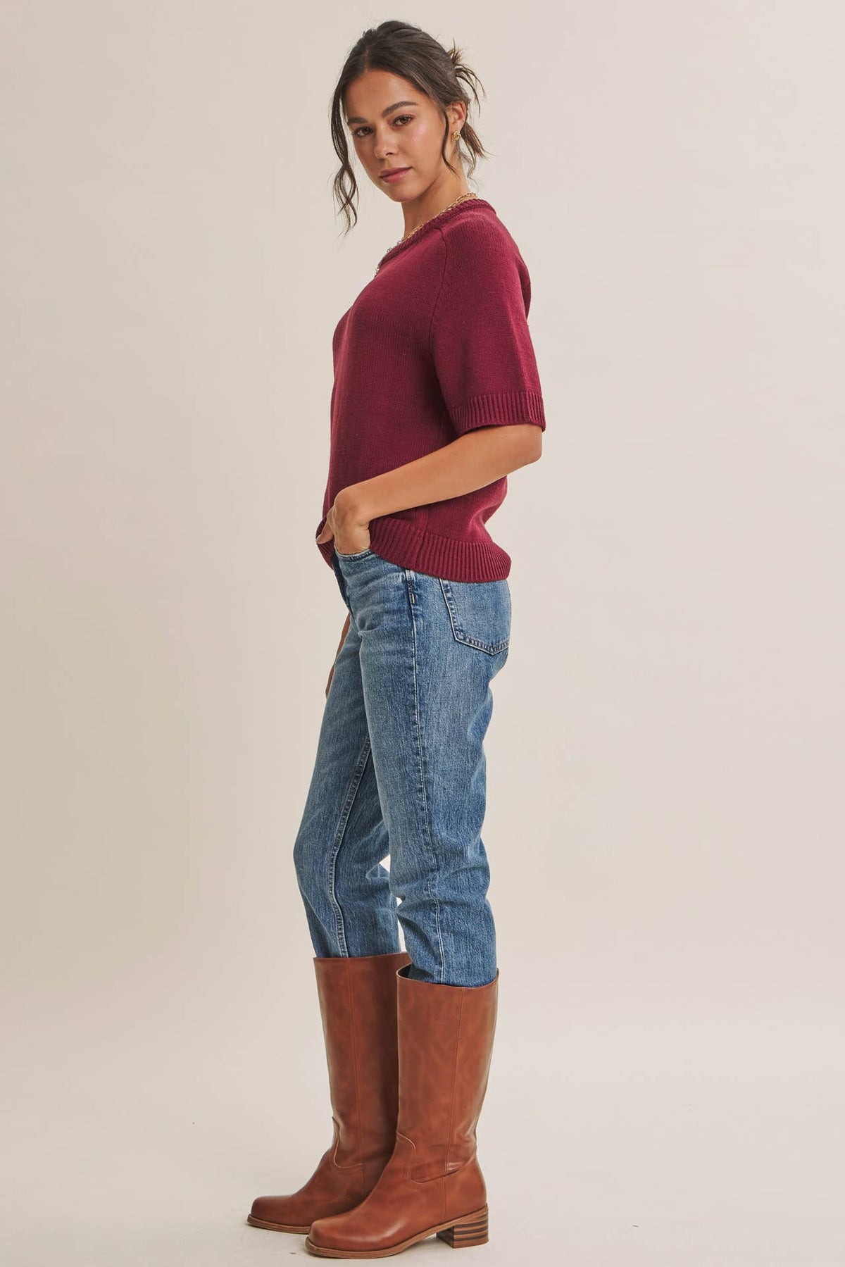 Year Round Cotton Blend Sweater- Sangria