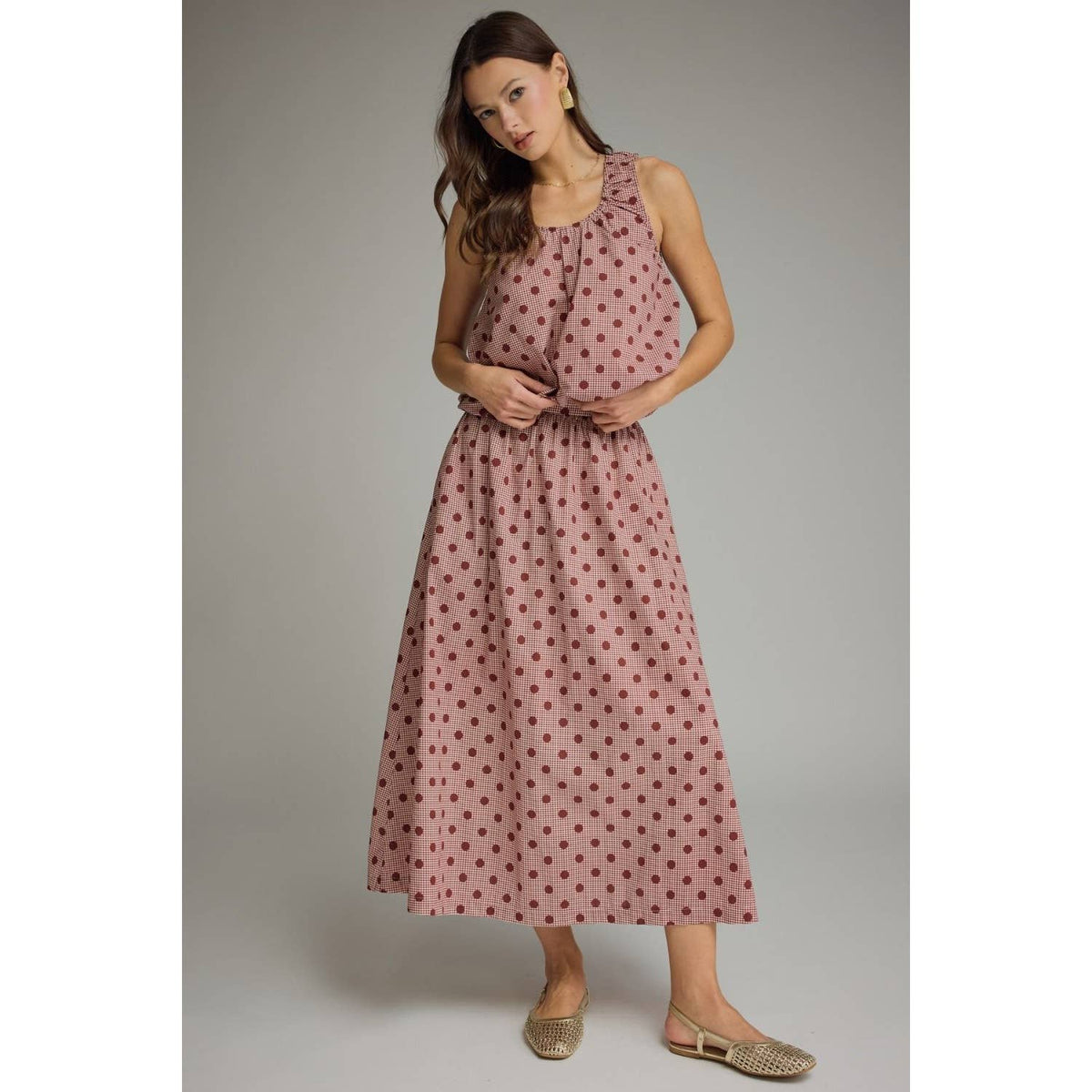 Gingham polka dot midi skirt: Burgundy