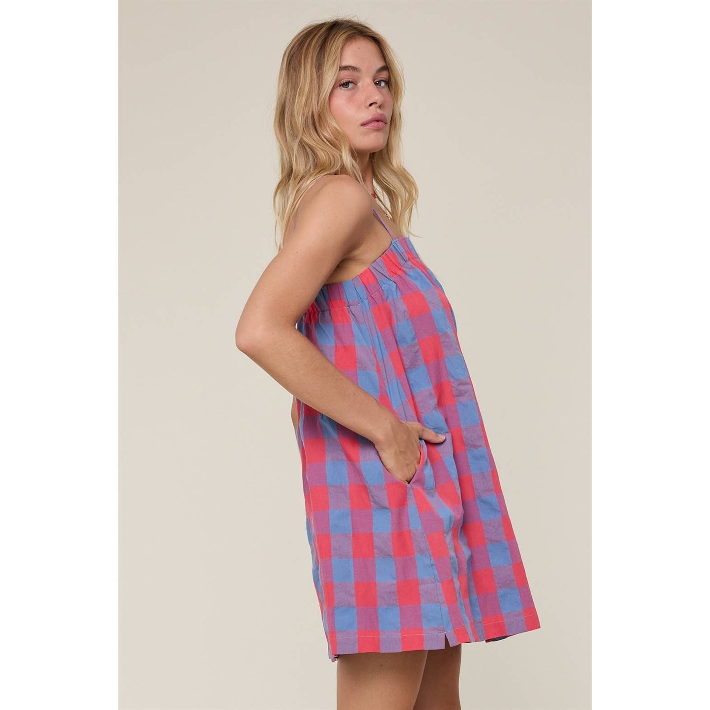 Plaid Cami Mini Dress: CHERRY/BLUE