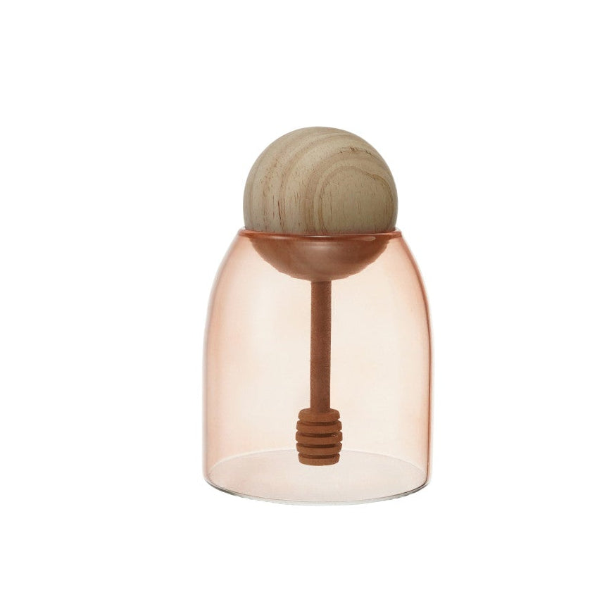 Glass Honey Jar with Wood Ball Honey Dipper/Lid, Apricot Color & Natural