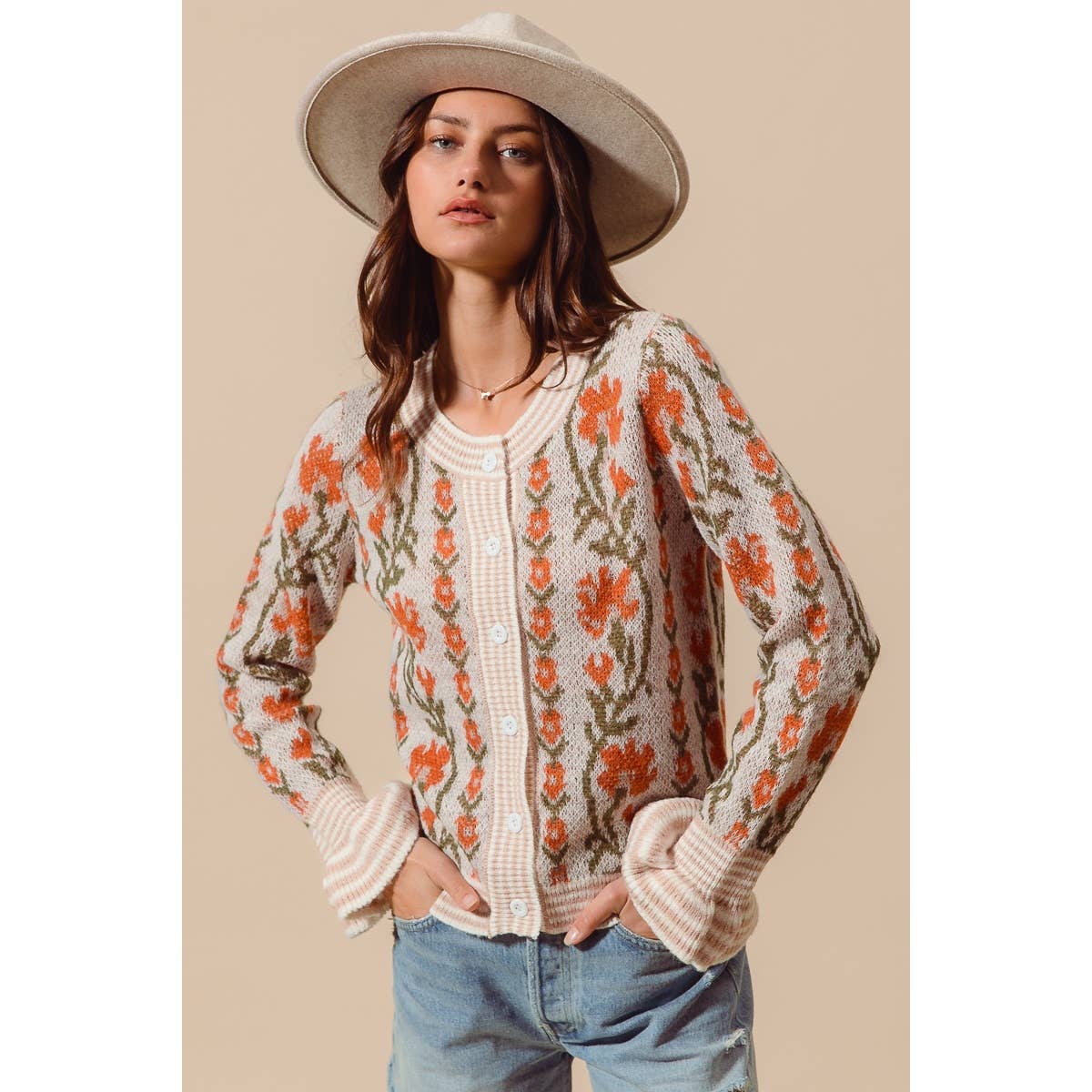 Floral Intarsia Button Up Sweater