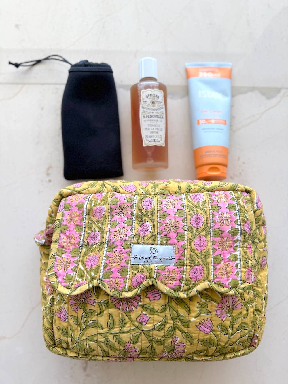 Large Block Printed Travel Bags Mustard Floral