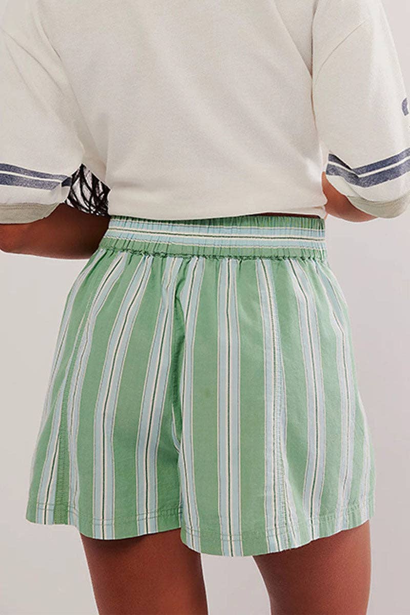 Striped Elastic Waist Casual Shorts: Green