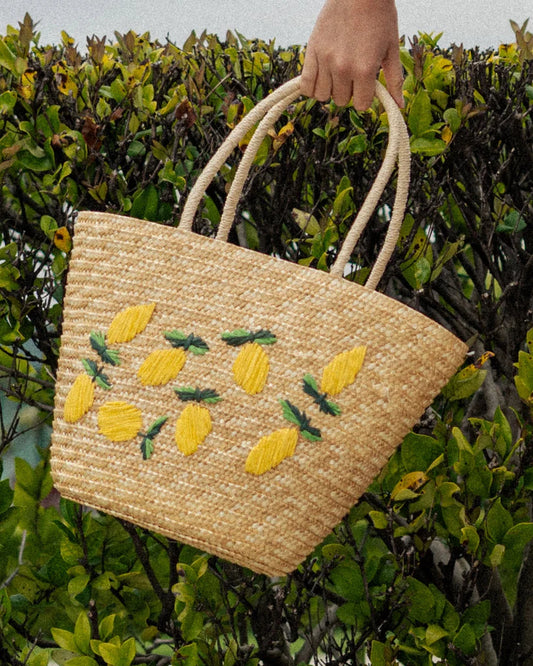 Lemon Embroidered Straw Tote