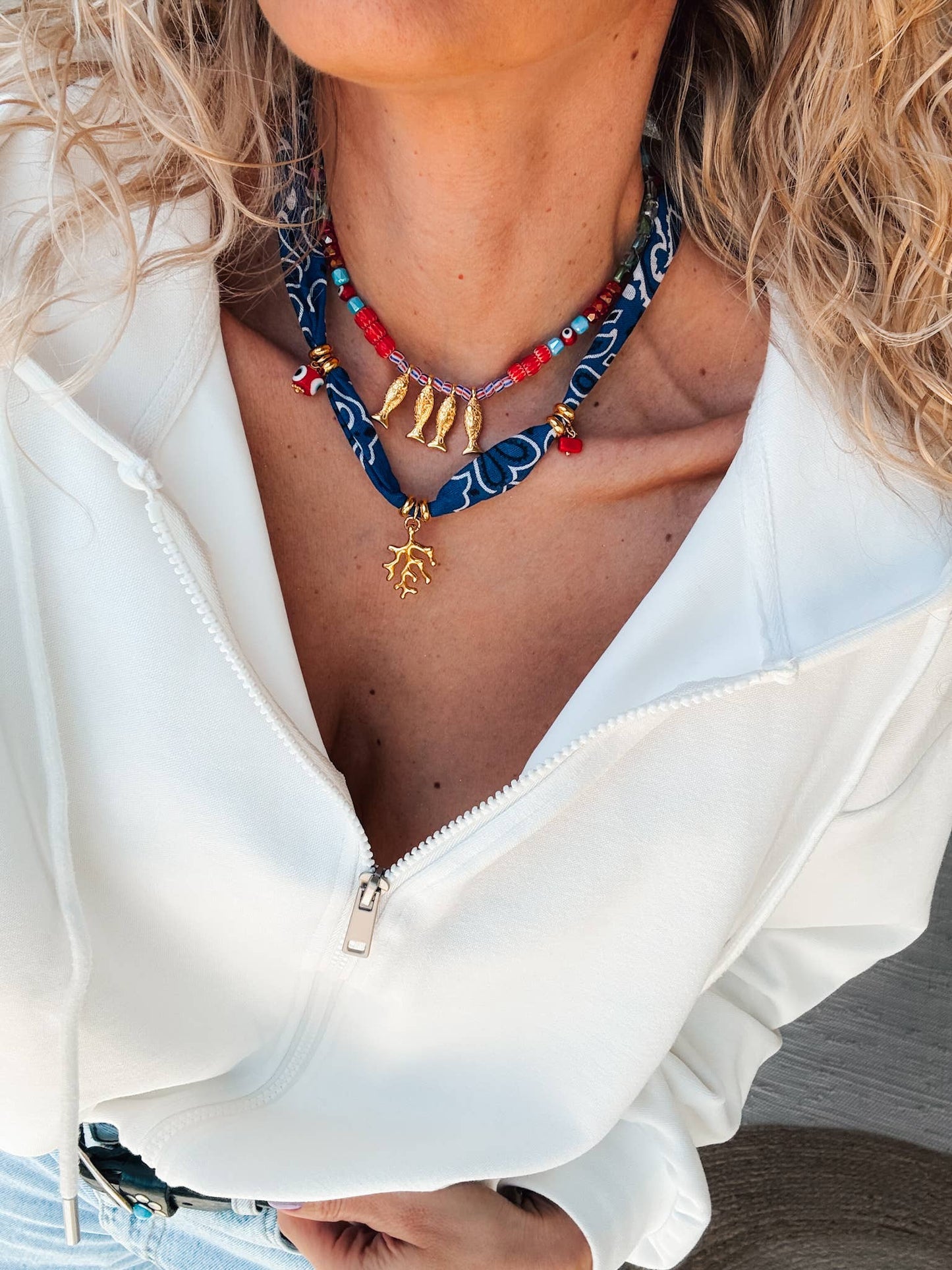 Bohemian blue bandana scarf & colorful beaded fish necklace: Blue Bandana