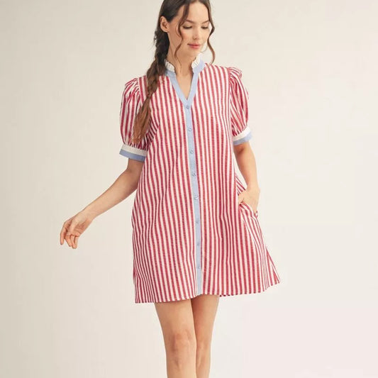 Short Sleeve Shift Dress- Red,White and Blue