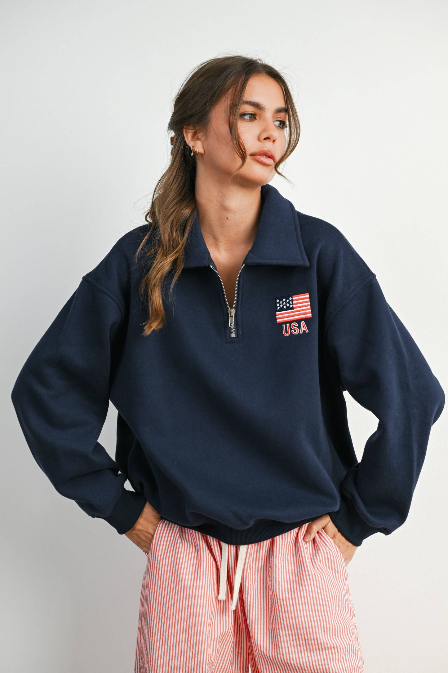 Loose Collared Quarter-Zip Top - NAVY