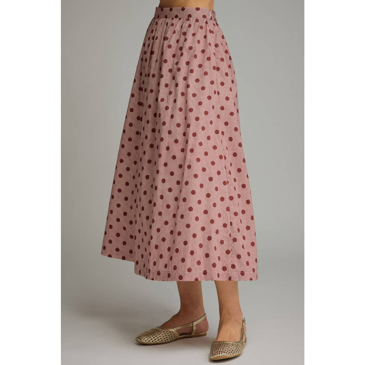 Gingham polka dot midi skirt: Burgundy