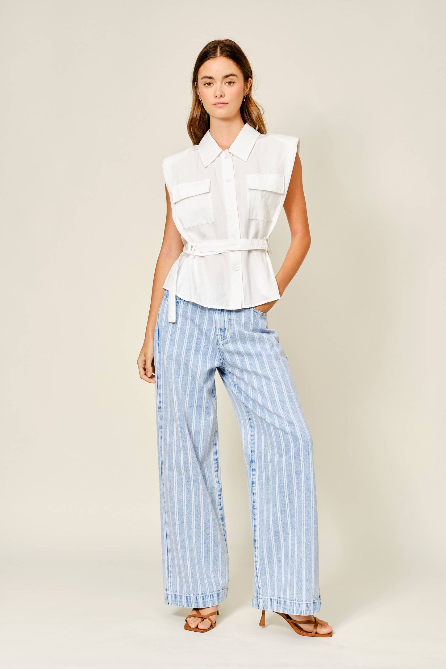 STRIPED DENIM STRAIGHT PANTS: LT DENIM