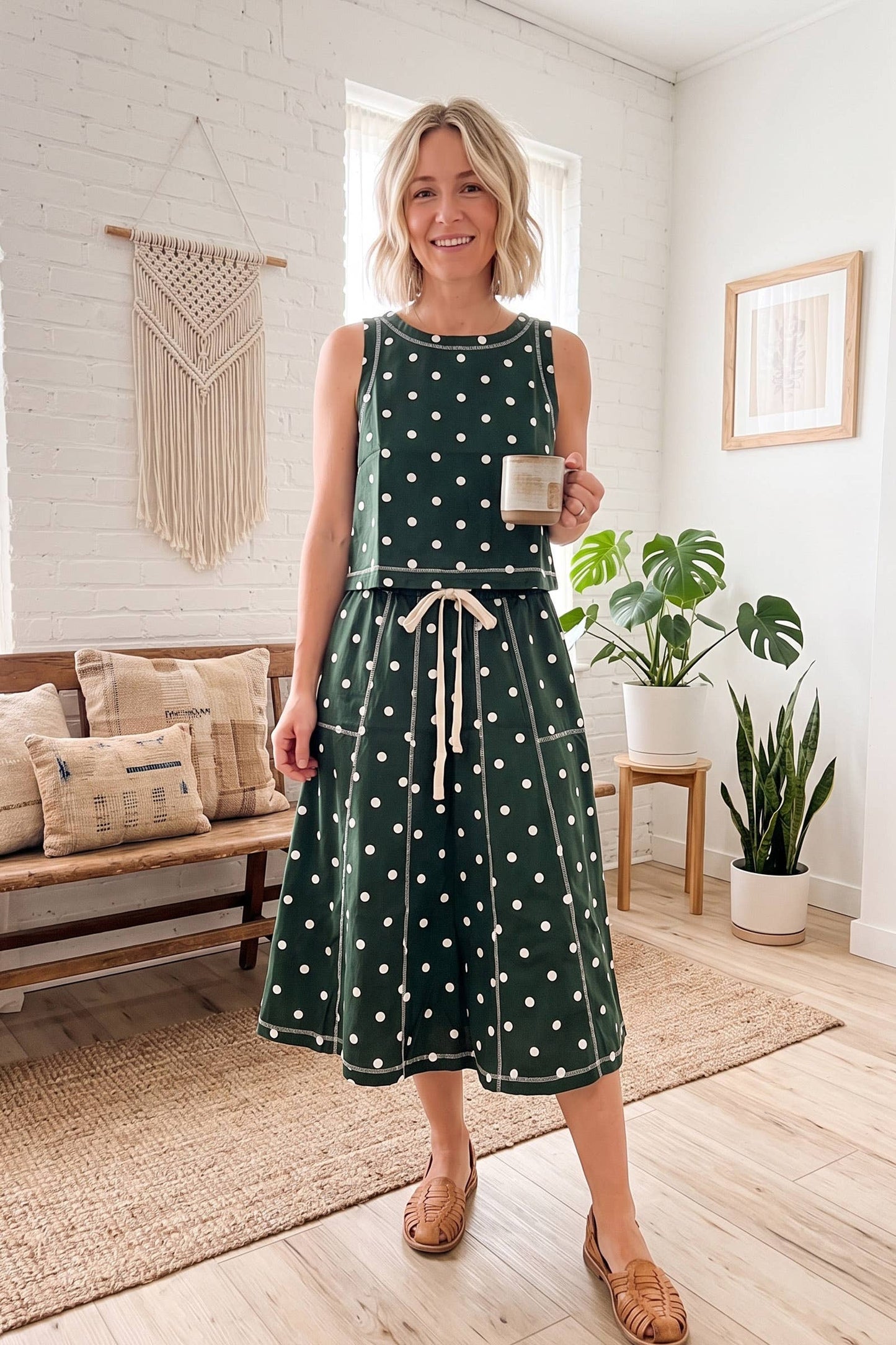Retro Dot Tank & Midi Skirt Set: Hunter/White