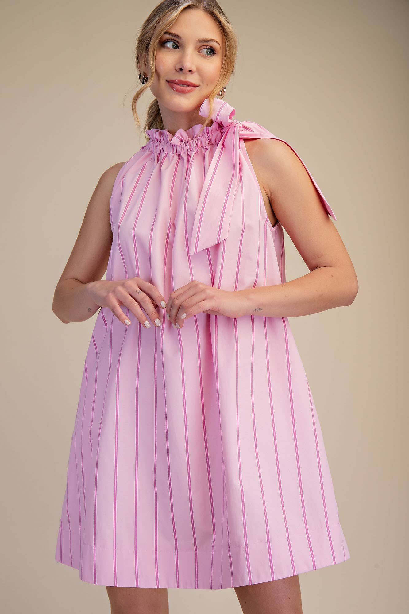 Ruffle Neck Tie Sleeveless Mini Dress: Pink / L