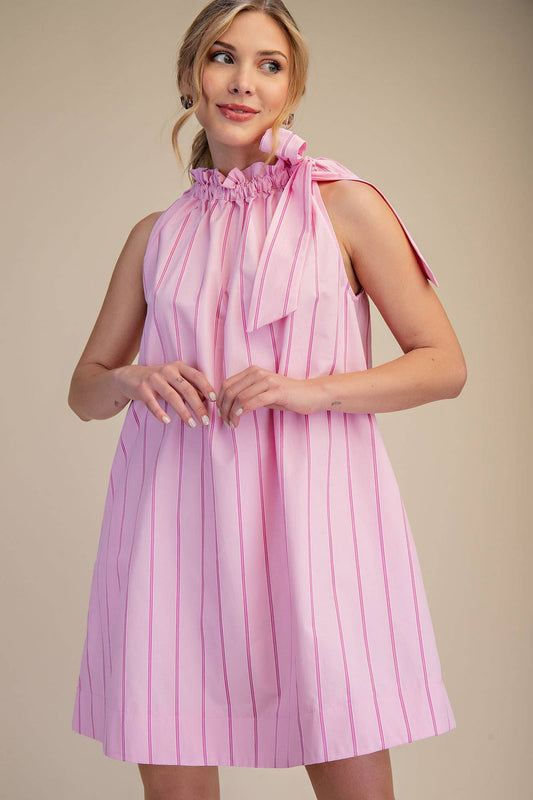 Ruffle Neck Tie Sleeveless Mini Dress: Pink / L
