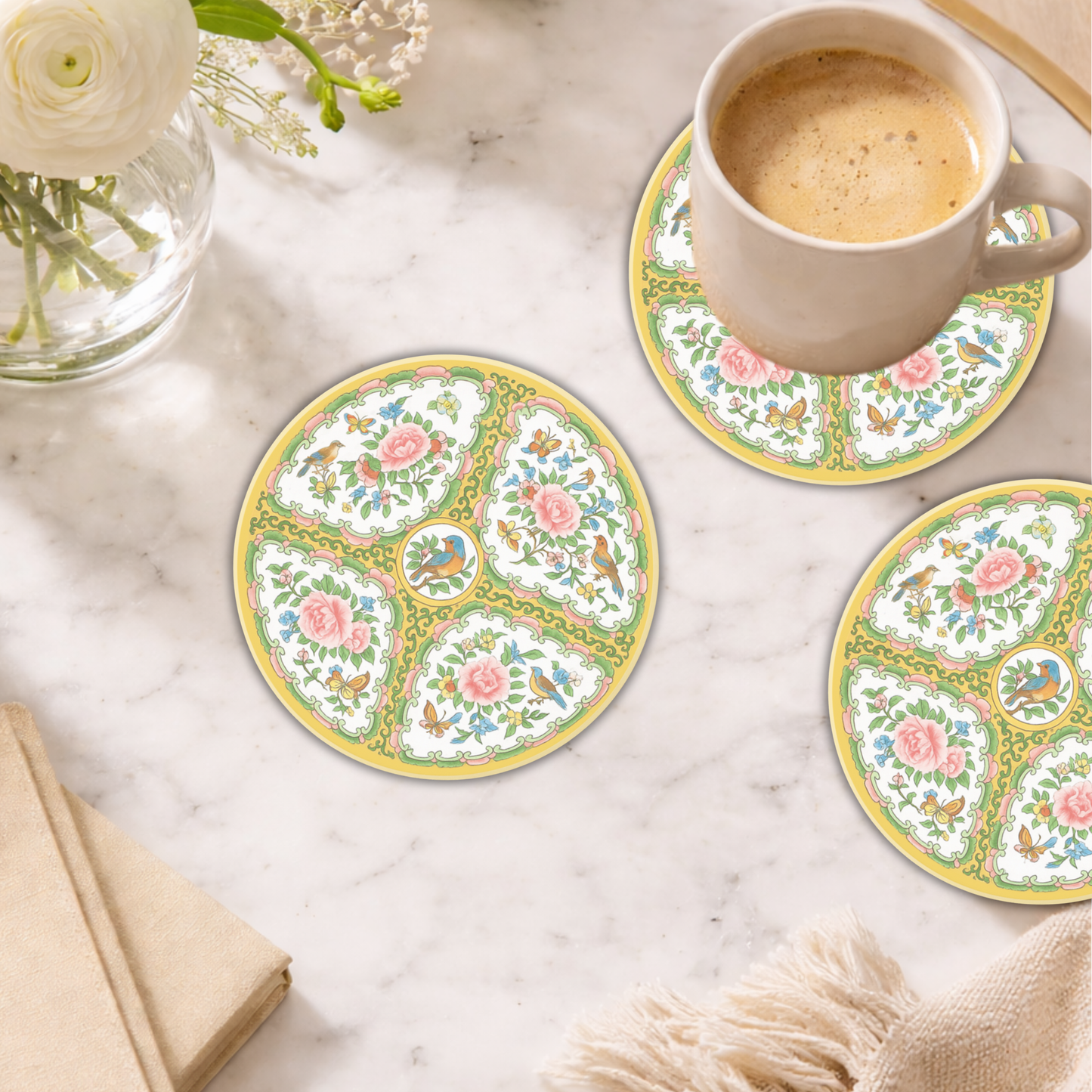 Antique Rose Birds & Floral Cork Back Coaster | Set of 2