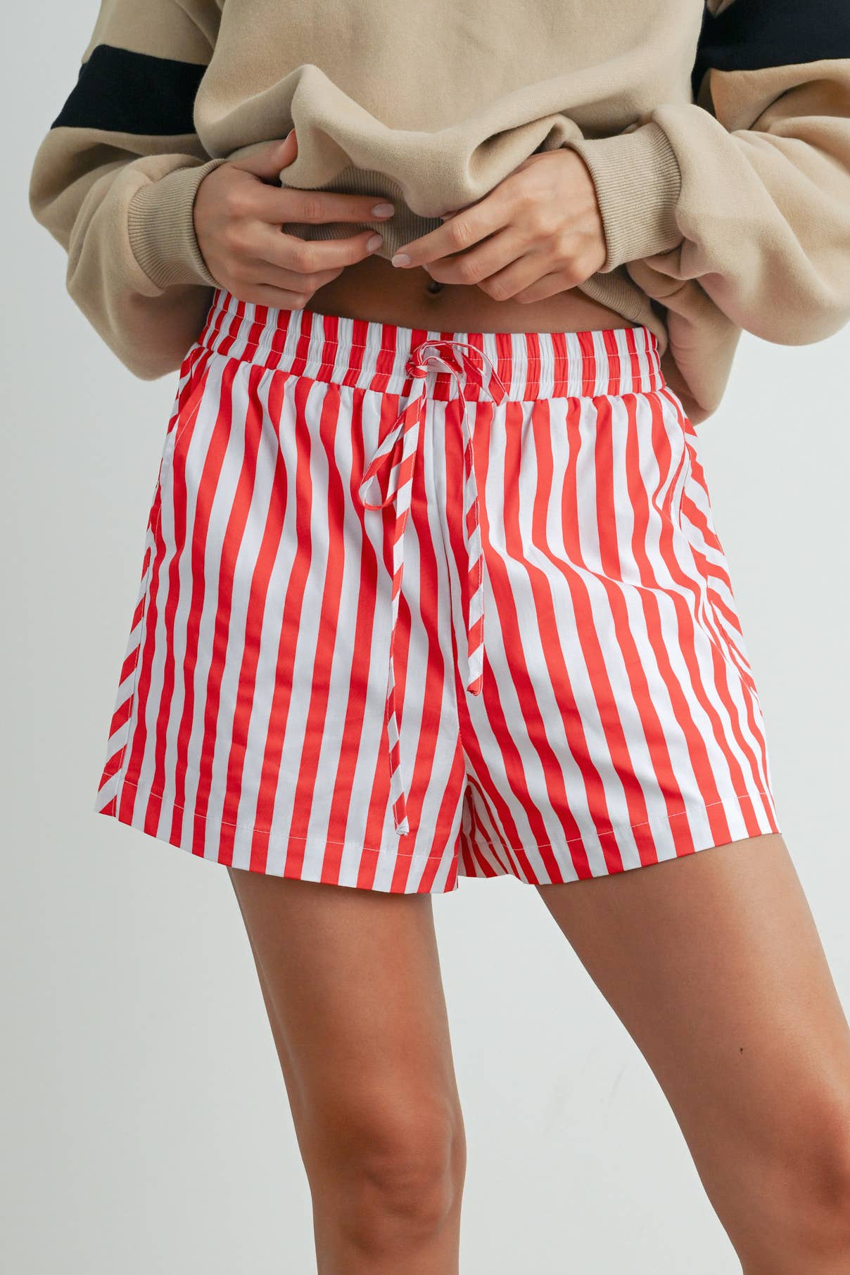 Striped Drawstring Pocket Boxer Shorts - Red/Ivory