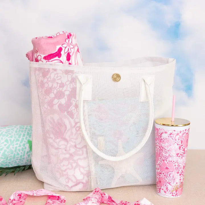Mesh Beach Bag, Conch Shell Pink Burst of Joy