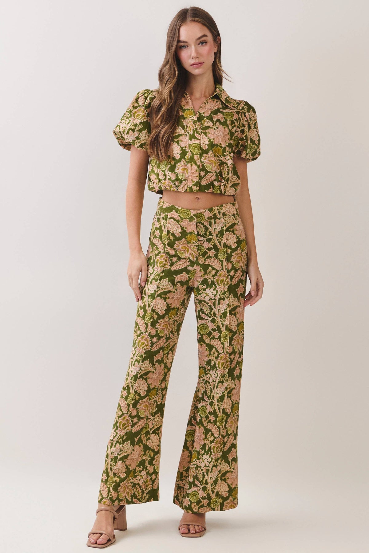 Floral Print Wide Leg Long Pants: Green