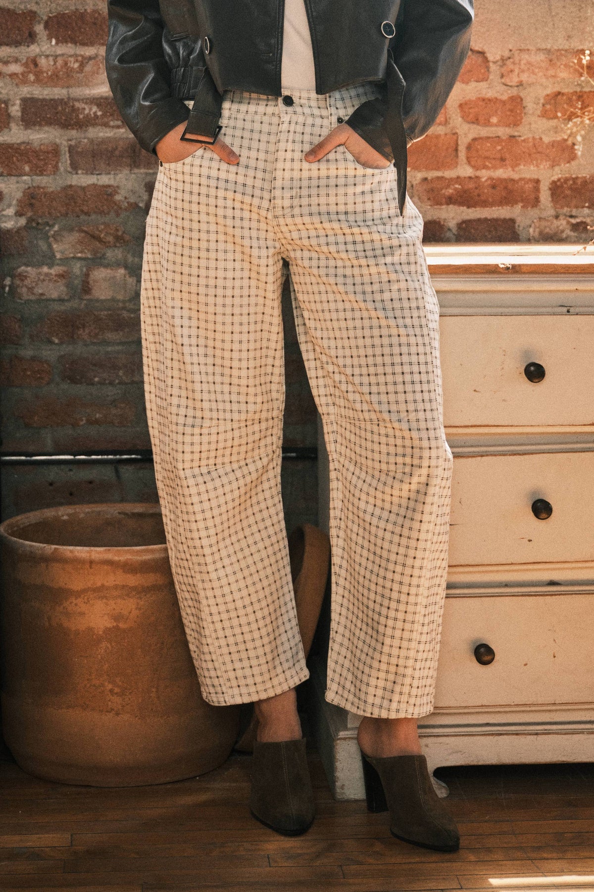 OXFORD PLAID BARREL PANTS BEIGE PLAID