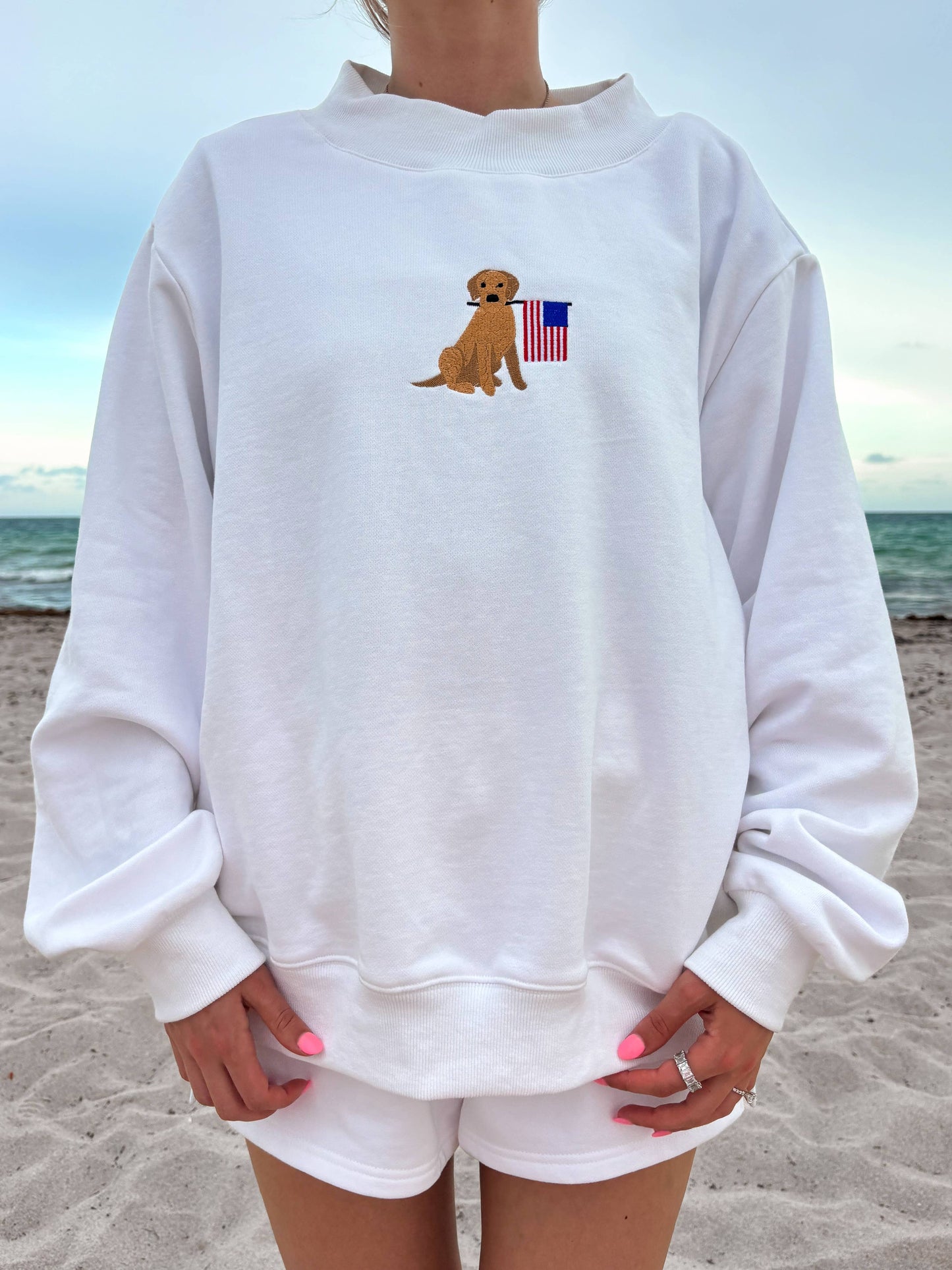 White American Flag Dog Mockneck Sweatshirt: White