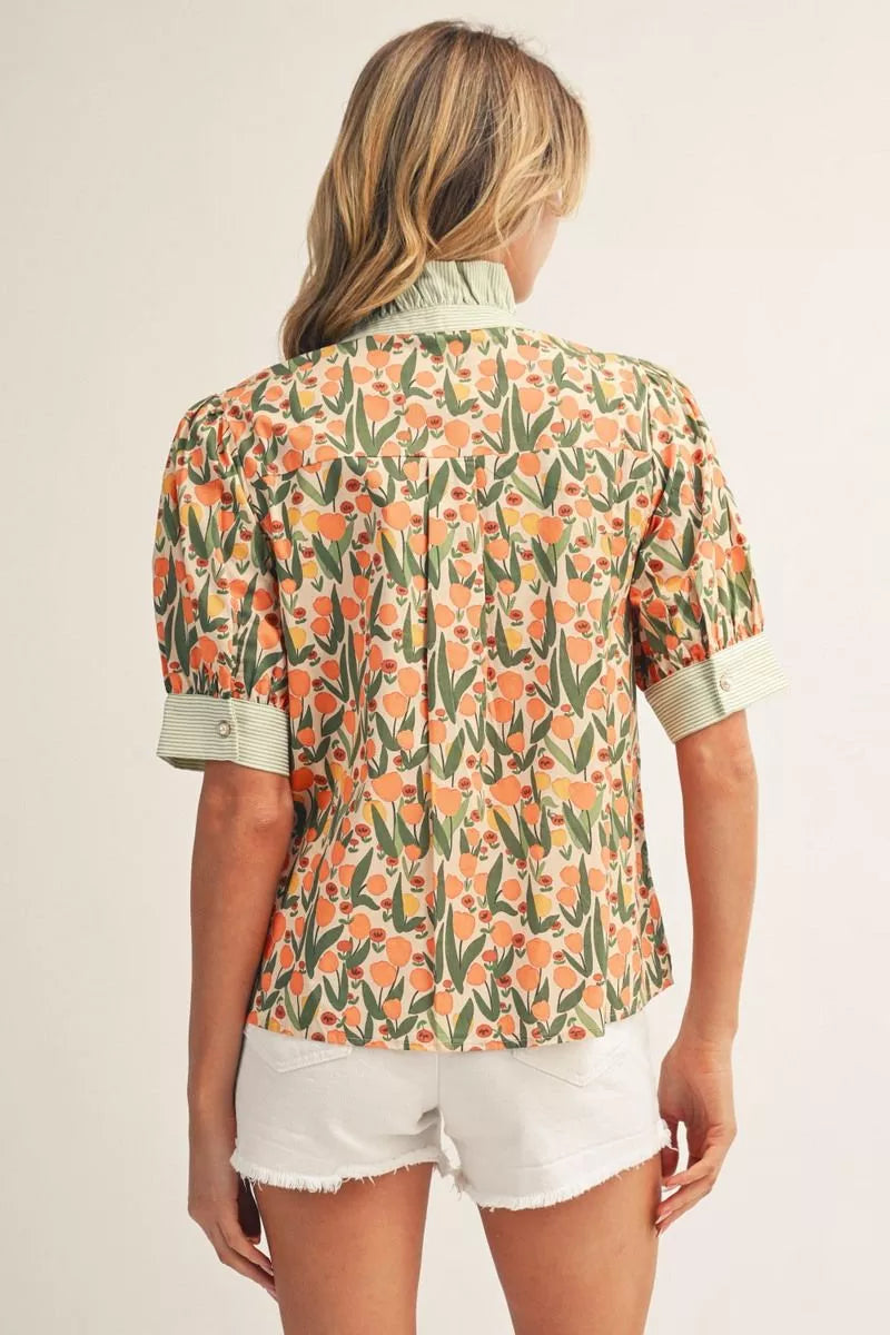 Floral Top With Stripe Contrast Orange