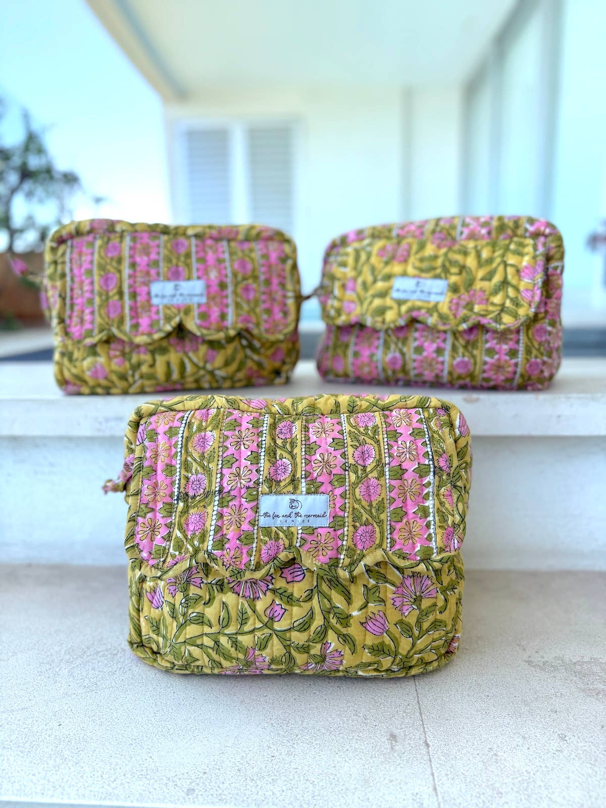 Large Block Printed Travel Bags Mustard Floral