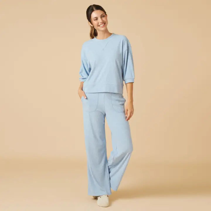 Terry Cropped Sleeve Crew Neck with Wide Leg Pants- Sky Blue