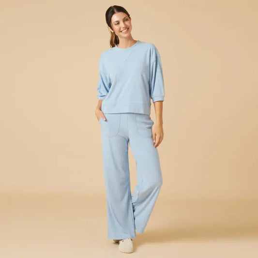 Terry Cropped Sleeve Crew Neck with Wide Leg Pants- Sky Blue