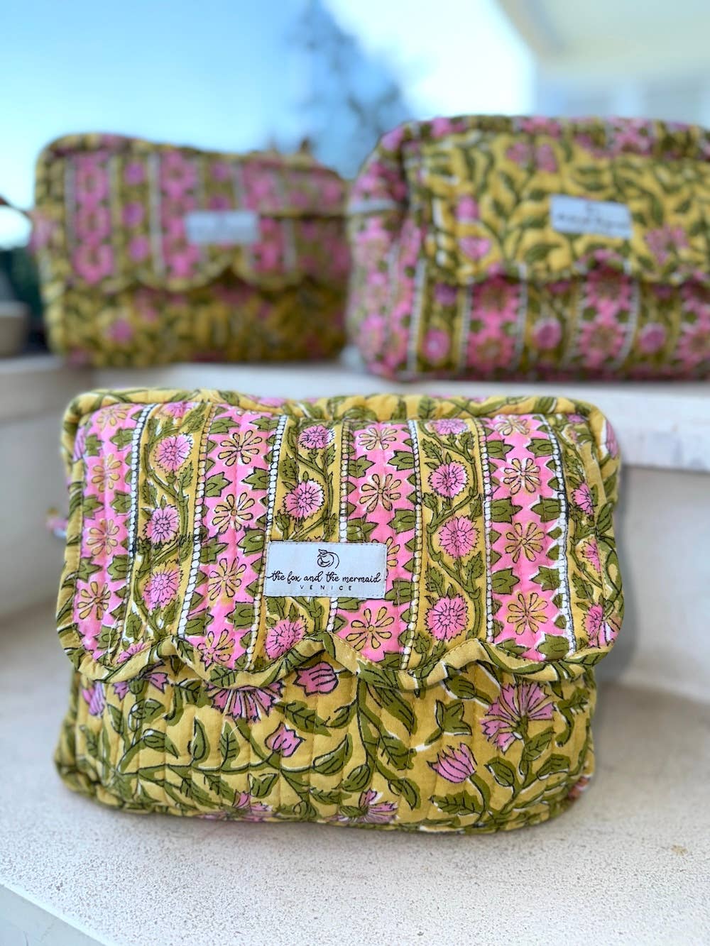 Large Block Printed Travel Bags Mustard Floral