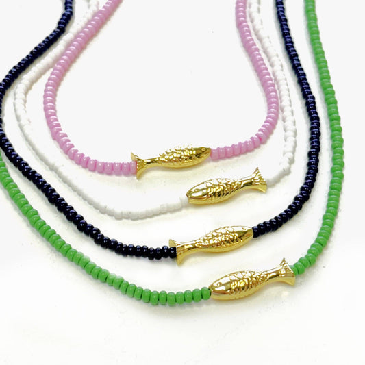 Lucky Fish Beaded Necklace: White