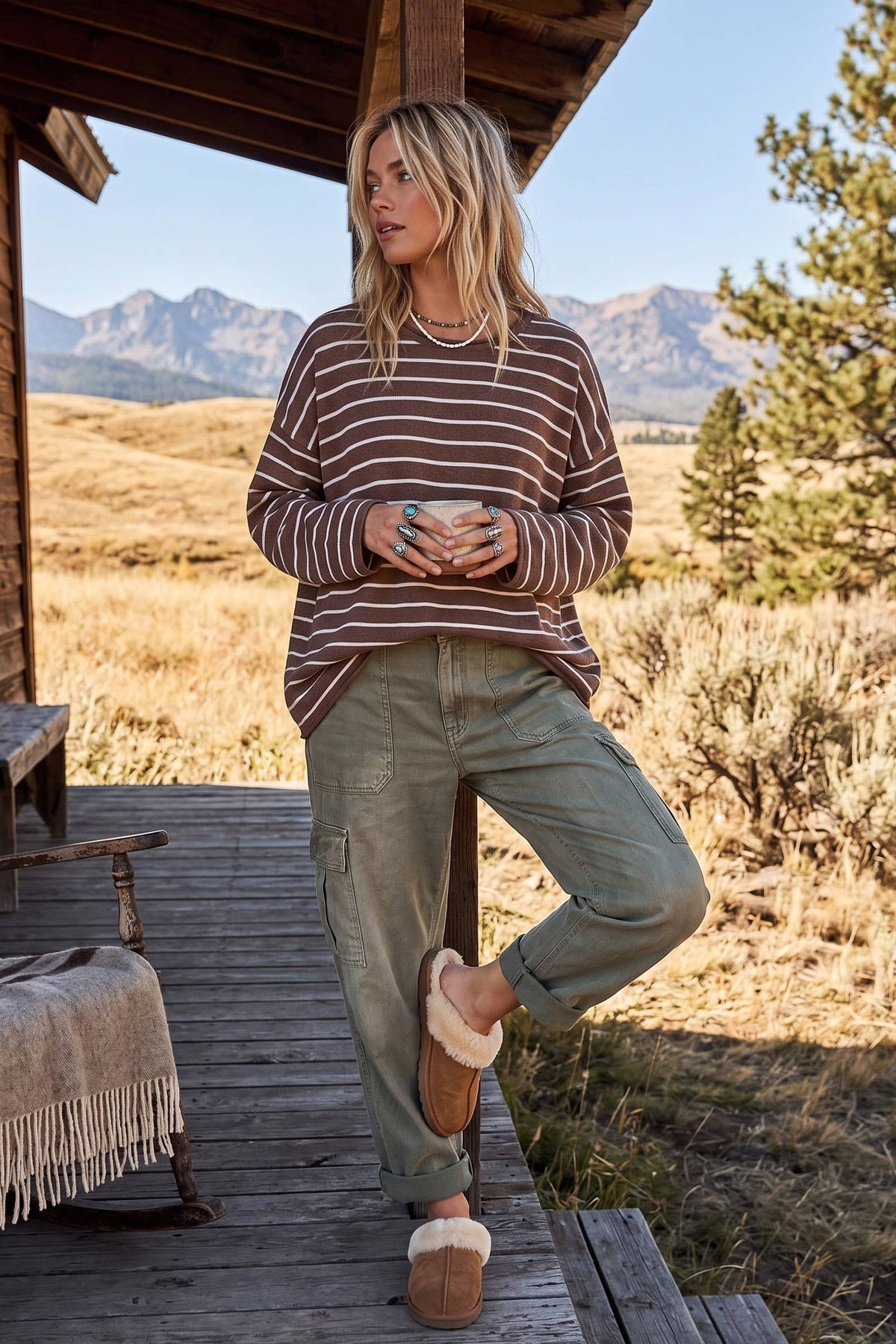 Oversized Lightweight Striped Sweater: Heather Mocha
