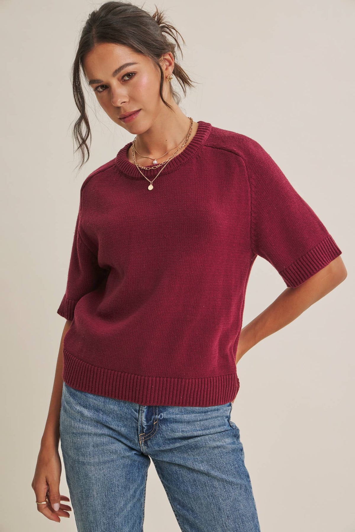 Year Round Cotton Blend Sweater- Sangria