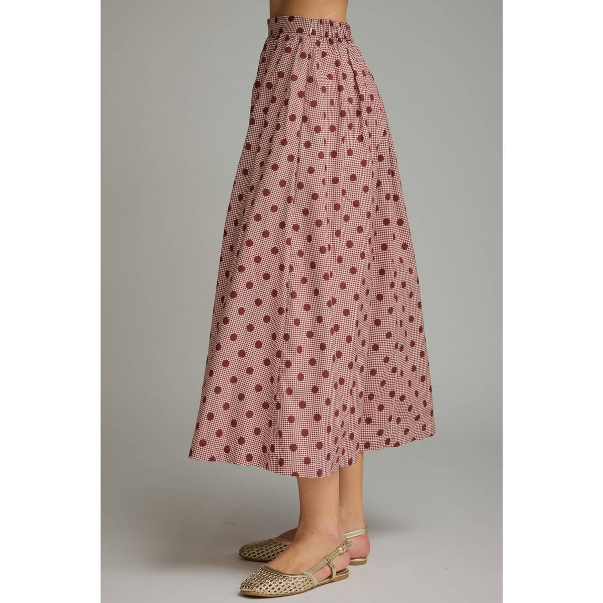 Gingham polka dot midi skirt: Burgundy