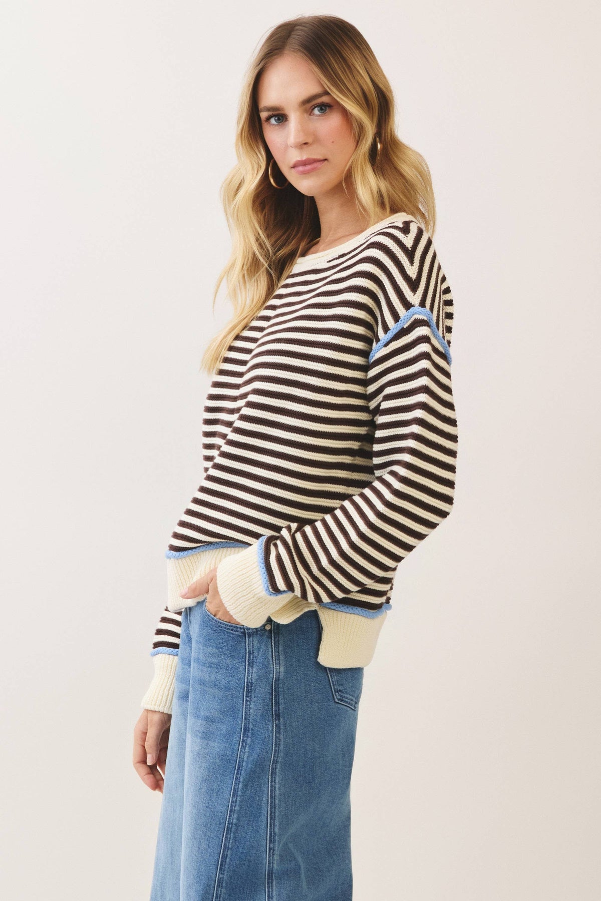 Contrast Trim Striped Knit Sweater: CREAM