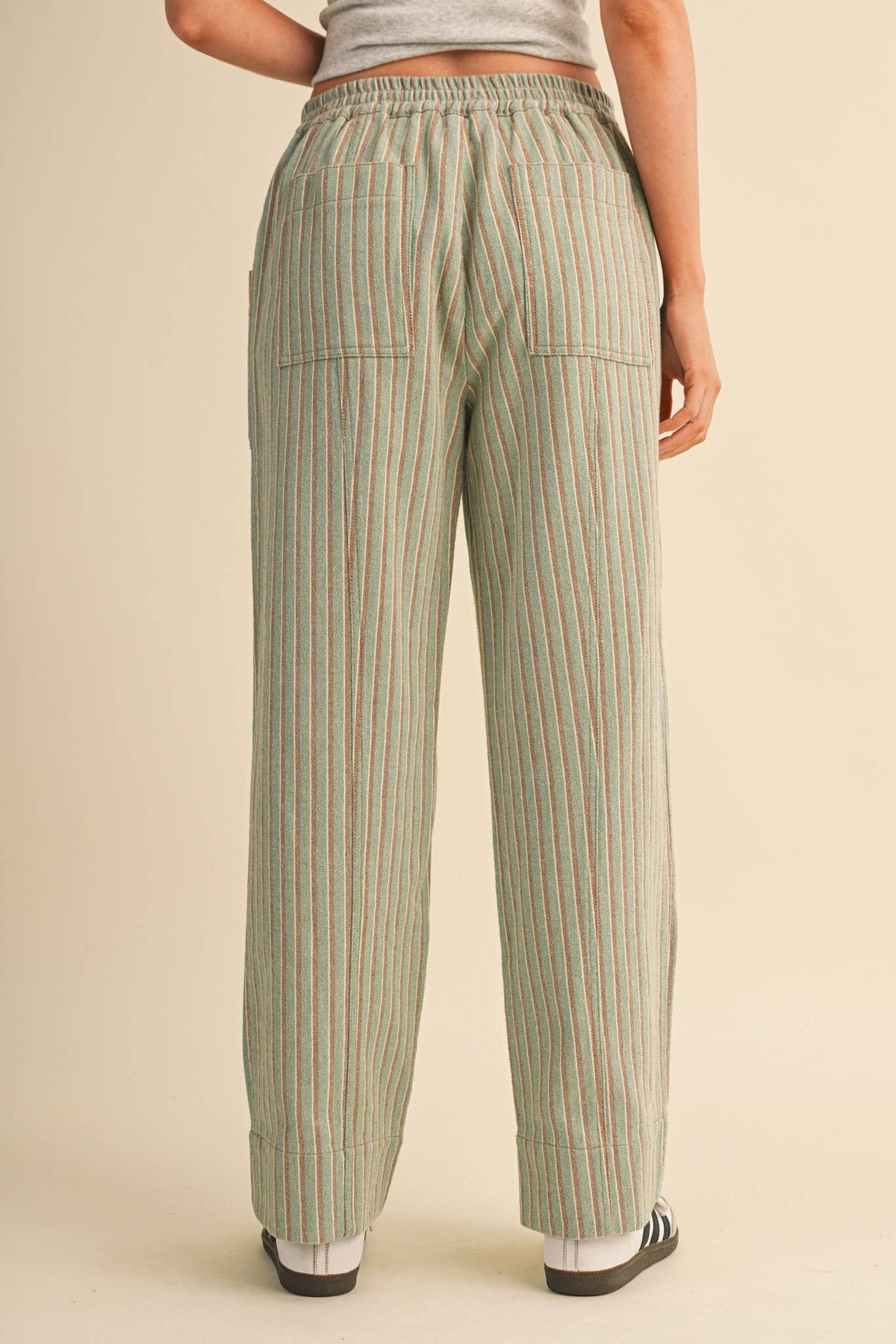 Striped Wide Leg Drawstring Pants- Sage