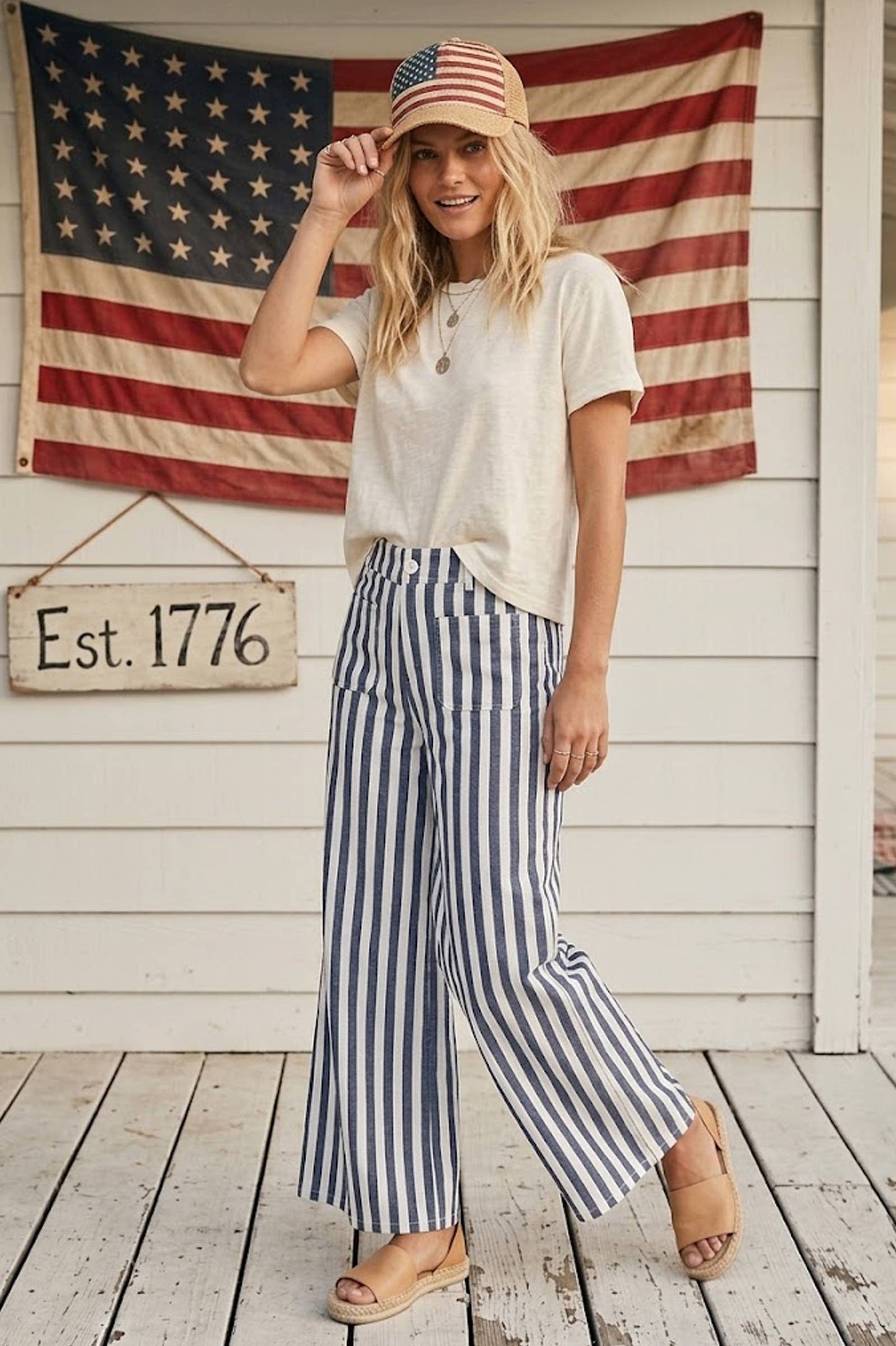 Striped Non Stretch Wide Leg Denim Pants: BLUE/WHITE
