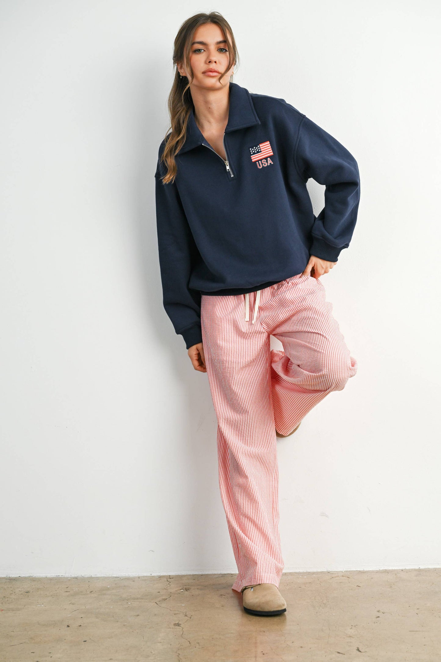 Loose Collared Quarter-Zip Top - NAVY