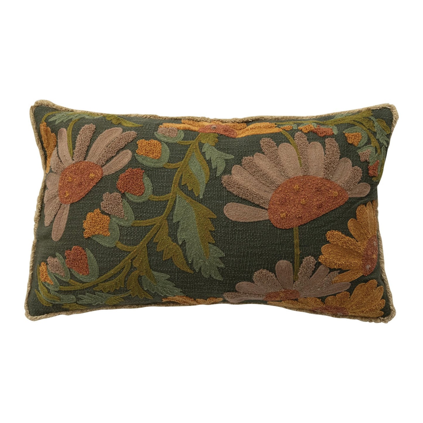 Cotton Slub Embroidered Pillow with Flowers, Fringe & Chambray Back