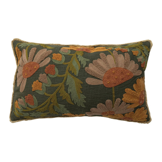 Cotton Slub Embroidered Pillow with Flowers, Fringe & Chambray Back
