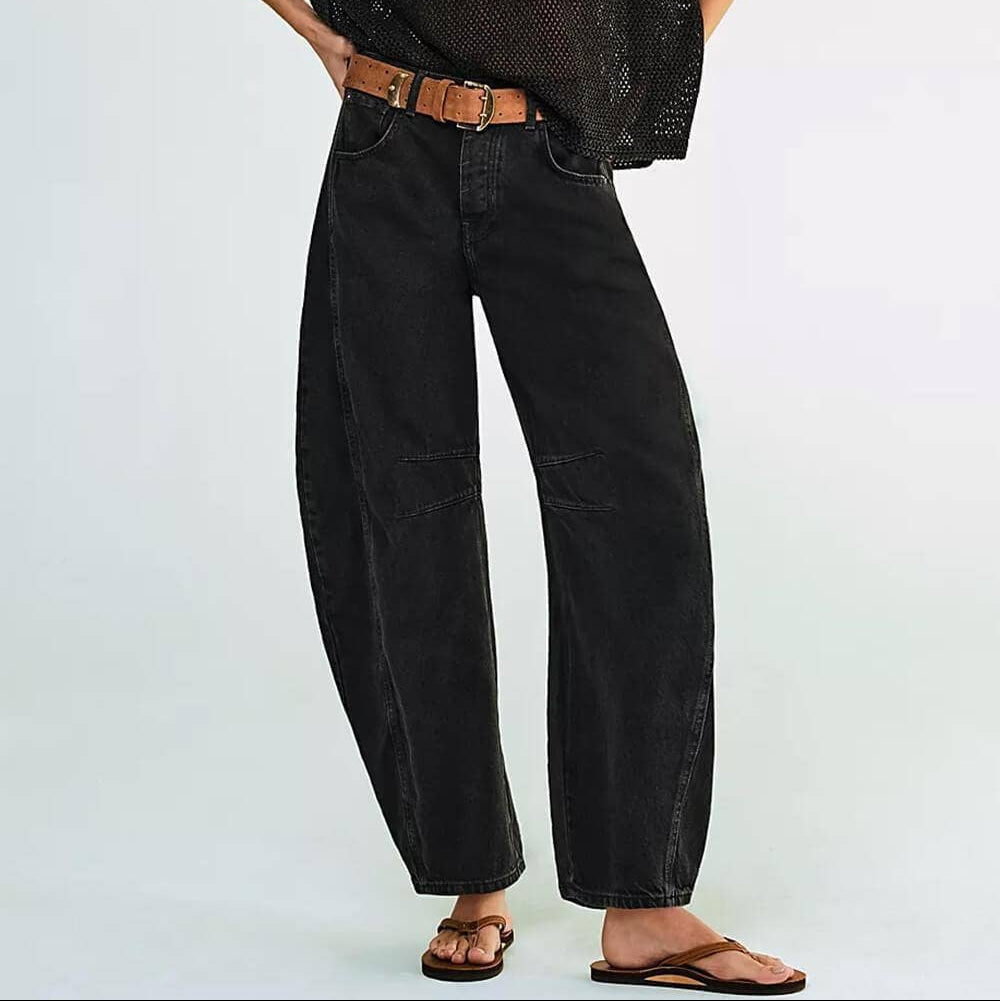 Ladies Mid Rise Wide Leg Barrel Jeans Black