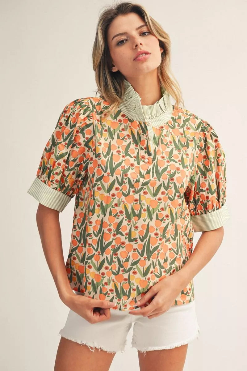 Floral Top With Stripe Contrast Orange
