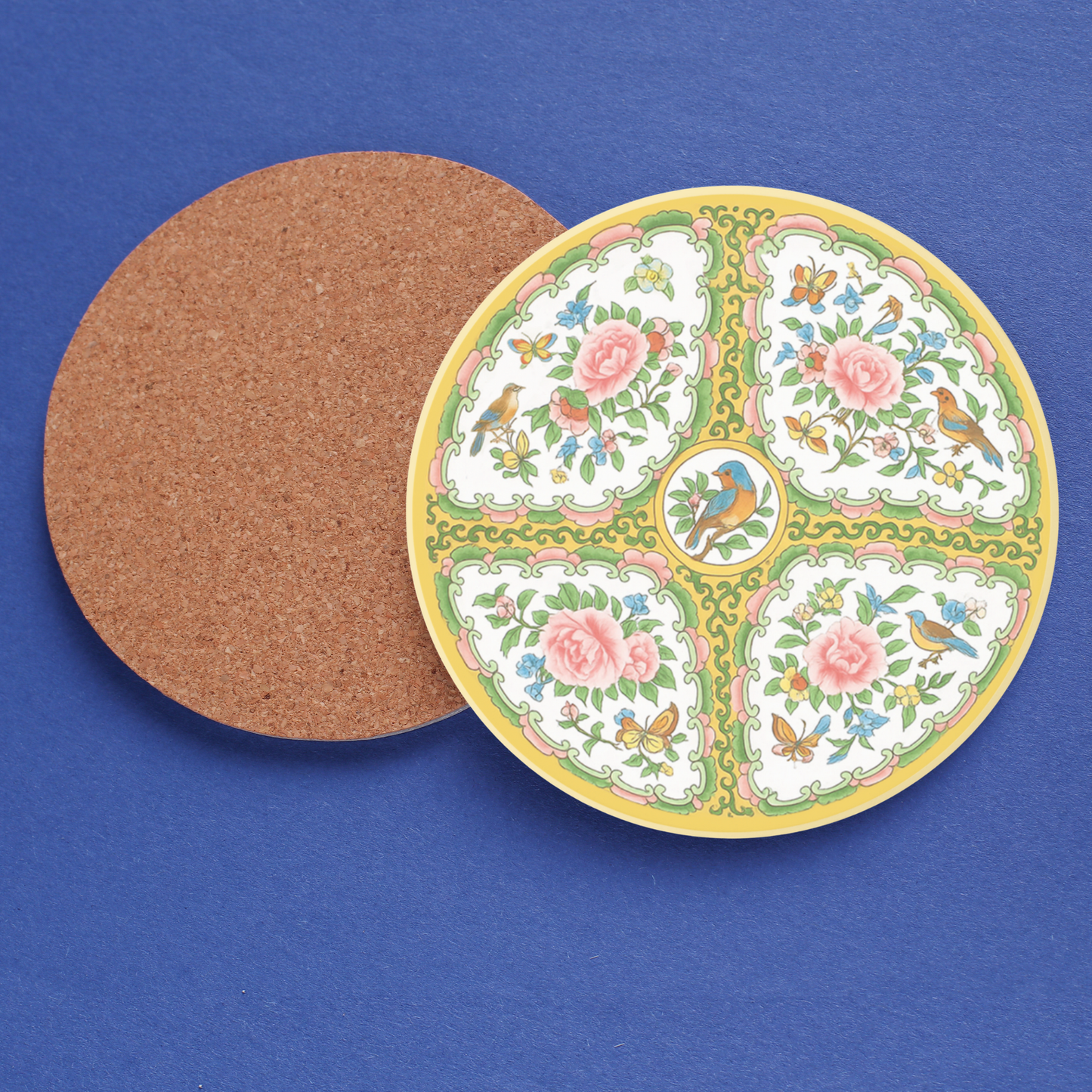 Antique Rose Birds & Floral Cork Back Coaster | Set of 2