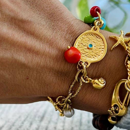 Gold charm summer bracelets with wood and turquoise beads: Turquoise beads