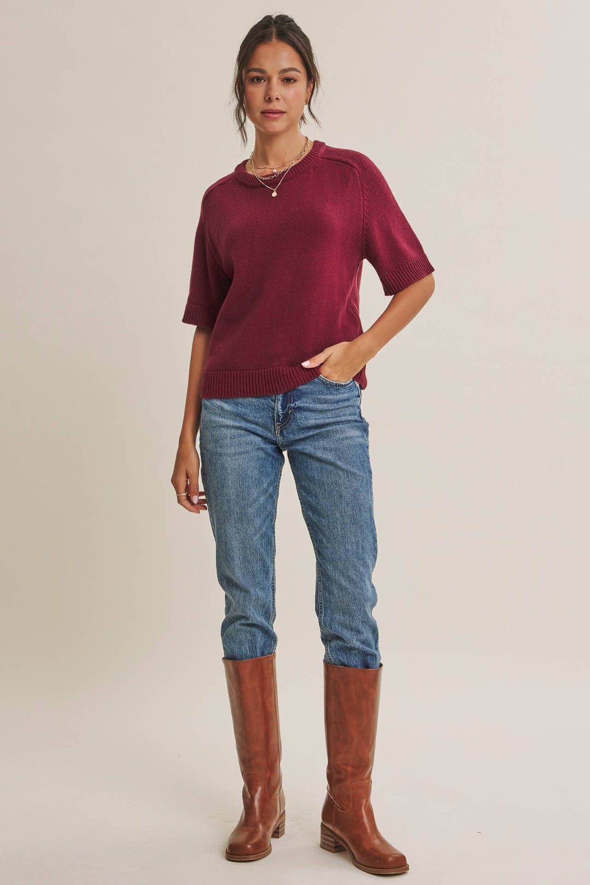 Year Round Cotton Blend Sweater- Sangria